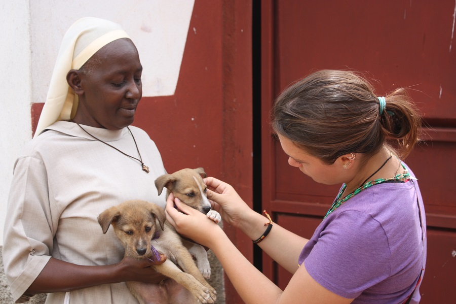 Sr. Immaculate adopting two of the CARITAS puppies